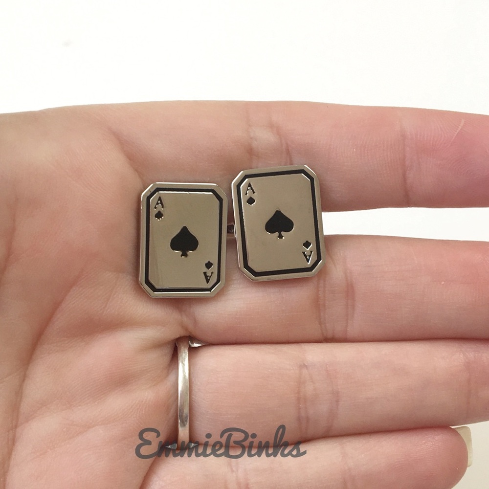 New Ace of Spades Silver Playing Card Cufflinks ~ Groom / Best Man / Formal - Picture 3 of 7